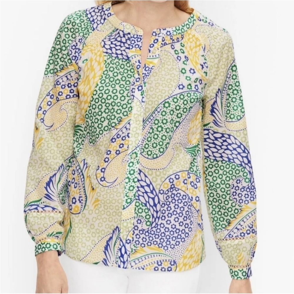 Talbots Smocked Paisley Floral Long Sleeve Peasant Top Blouse Crochet Cuffs SZ L